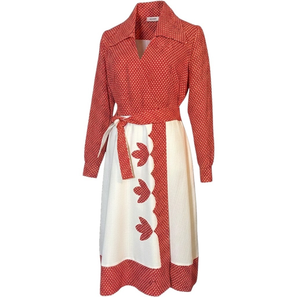 Vintage 1970s Mod Red Polka Dot Midi Wrap Dress Floral Applique Herman Marcus